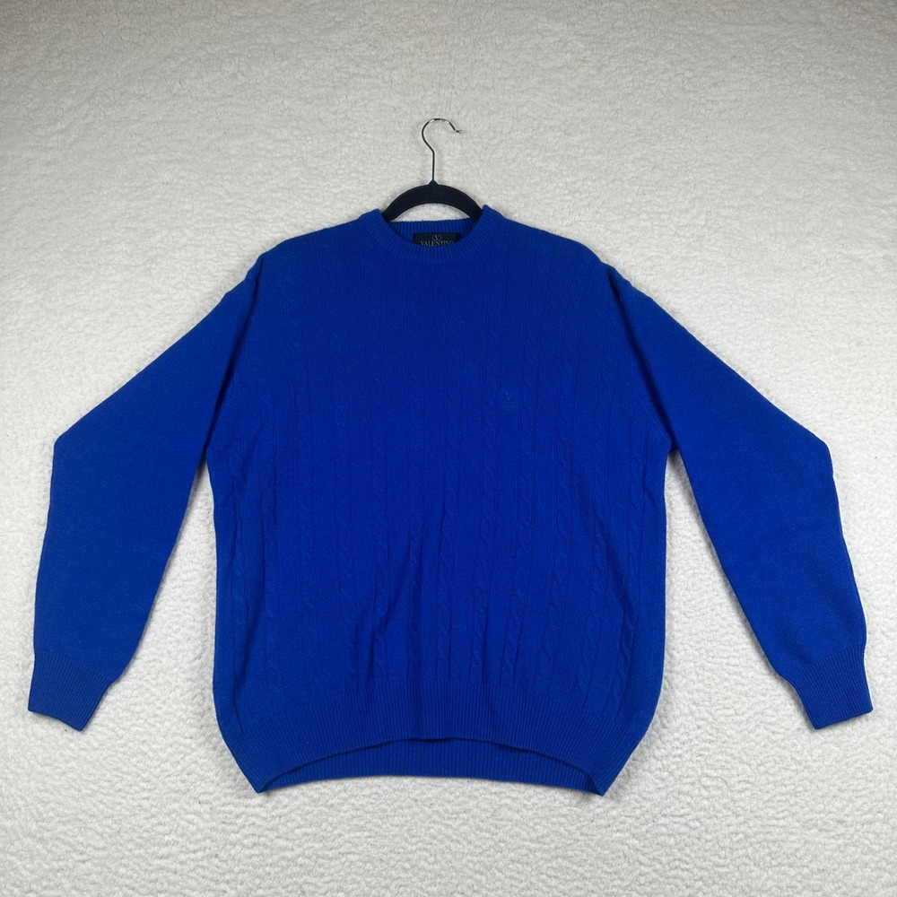 Valentino Jeans Sweater Mens Cable Knit Pullover Royal Blue XL Preppy Classic